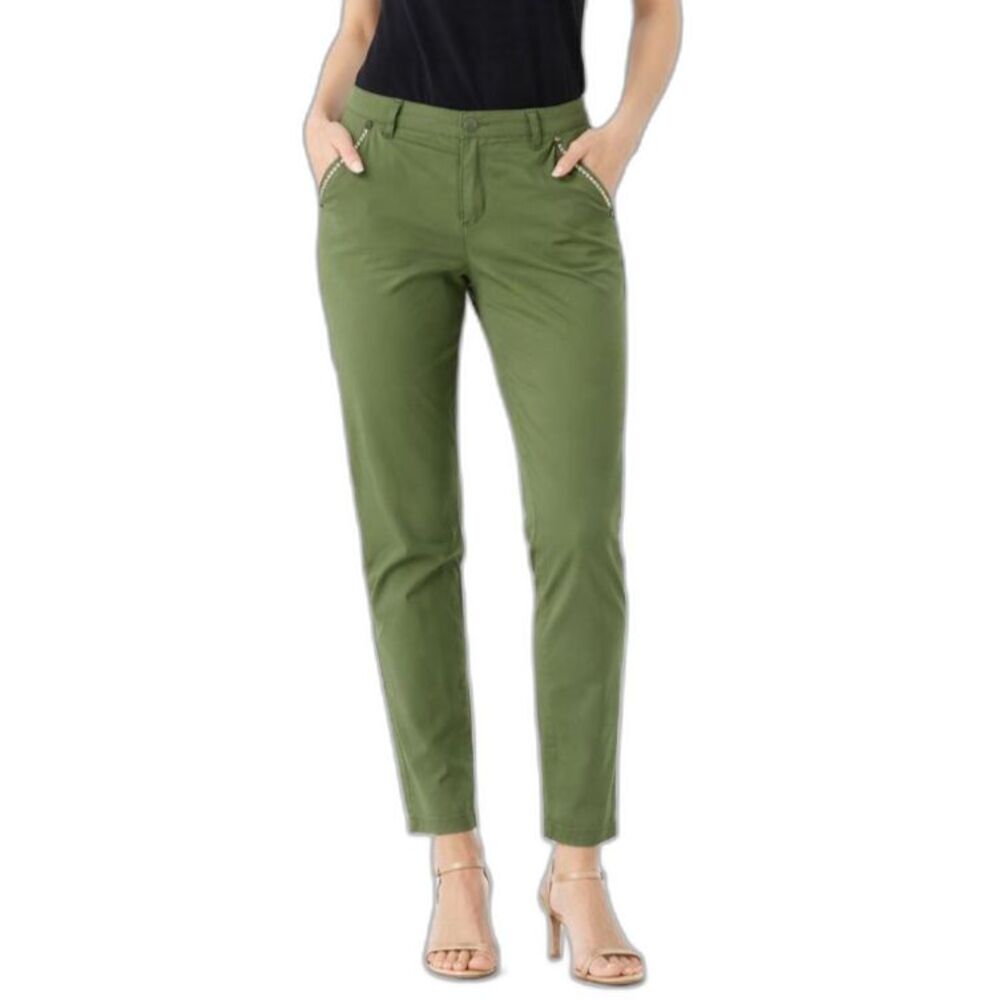 Liu Jo Women's Olive Green Cotton Blend Silver Bead Detail Slim Leg Pants Sz 28